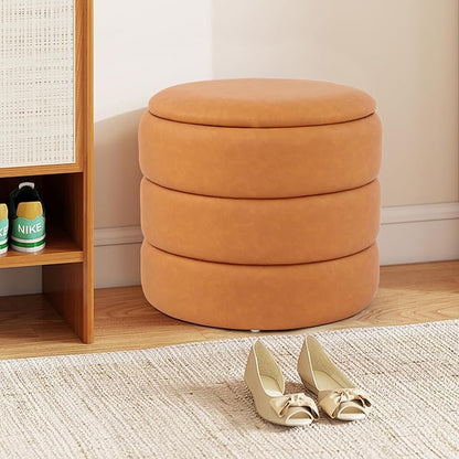 DAGONHIL Round Ottoman with Storage, PU Leather Footrest, Hidden Storage Ottoman Stool,Vanity Stool for Bedroom, Living Room, Entryway, Brown