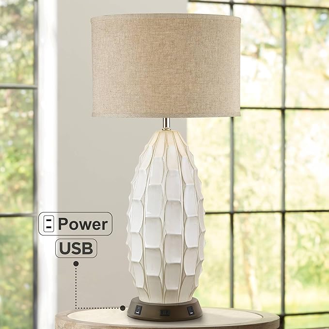 Possini Euro Design Cosgrove Mid Century Modern Coastal Table Lamp with USB and AC Power Outlet Workstation Charging Base Oval 32.75" Tall White Ceramic Beige Fabric Drum Shade for Living Room