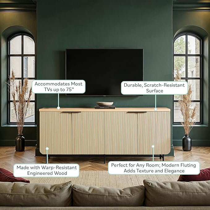 Walker Edison Reema Fluted 4-Door Kitchen Sideboard Buffet Console, 69 Inch, Coastal Oak
