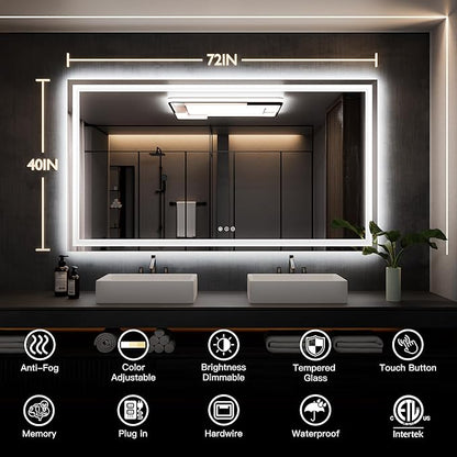 ISKM 72'' x 40'' LED Mirror for Bathroom Lighted Vanity Mirror for Wall Front Lights + Backlit LED Bathroom Mirror Anti-Fog Tempered Glass ETL Listed
