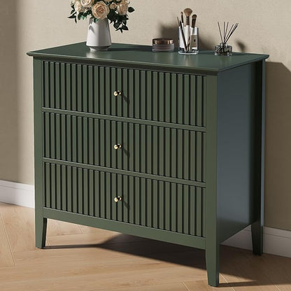 RoyalCraft Green Fluted 3 Drawer Dresser, 32 inch Wide Dresser Nightstand for Bedroom, Modern Wood Chest of Drawers, Large Painted Nightstand with 3 Drawers for Closet, Hallway, Entryway