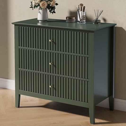 RoyalCraft Green Fluted 3 Drawer Dresser, 32 inch Wide Dresser Nightstand for Bedroom, Modern Wood Chest of Drawers, Large Painted Nightstand with 3 Drawers for Closet, Hallway, Entryway
