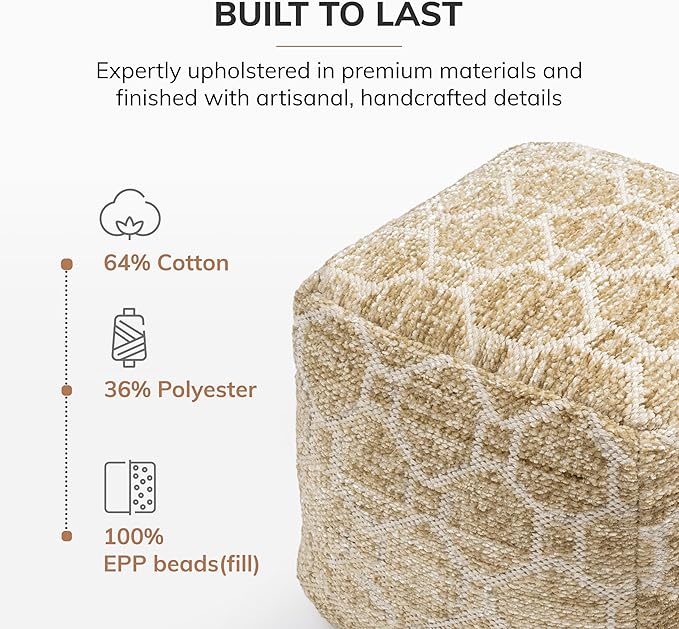 Anji Mountain Artisan Crafted Cotton Blend Pouf Ottoman | Versatile Floor Seating & Footstool for Living Room | Modern Boho Home Décor Accent | Filled Pouffe