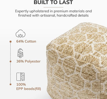 Anji Mountain Artisan Crafted Cotton Blend Pouf Ottoman | Versatile Floor Seating & Footstool for Living Room | Modern Boho Home Décor Accent | Filled Pouffe