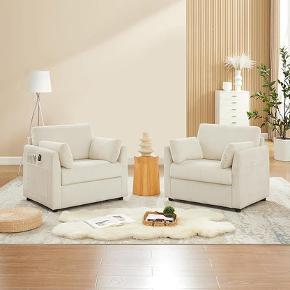 Modern Corduroy Accent Chairs, 38" W Comfy Armchair with Soft Pillows and Side Pockets, Single Reading Chairs for Living Room, Bedroom, Apartment, Beige