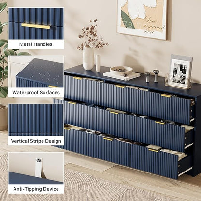 Blue Dresser for Bedroom, Modern Dresser with 9 Drawers and Smooth Slides, Wide Chest of Drawers with Golden Handles for Bedroom, Living Room, Closet, 15.7" D x 63" W x 31.5" H