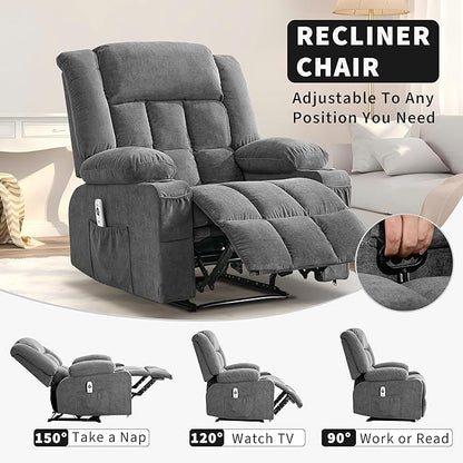 Large Recliner Chair for Adults Overstuffed Fabric Manual Pull Tab Recliner with Cup Holders, Side Pocket, 3-Position Recline, Minimalist Style Single Sofa Chair for Living Room Bedroom, Gray