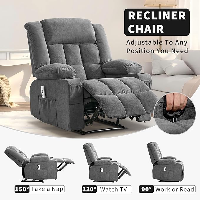 Large Recliner Chair, Manual Reclining Sofa with Massage and Heat, Comfy Sofa Chair with 3 Positions, 2 Side Pockets, 2 Front Pockets and 2 Cup Holder