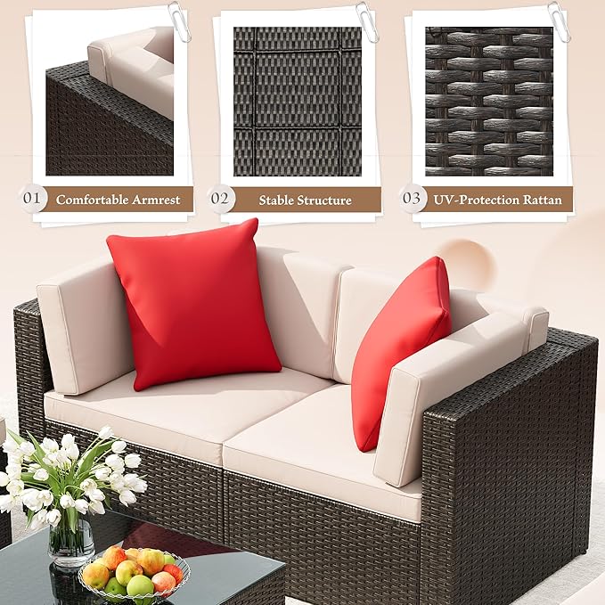 JUMMICO 5 Pieces Patio Furniture Set, Outdoor Sectional Sofa Conversation Sets, Couch Rattan Chair Wicker with Ottoman Cushion, Glass Tea Table and Pillows for Backyard Porch Garden Pool Balcony,Beige