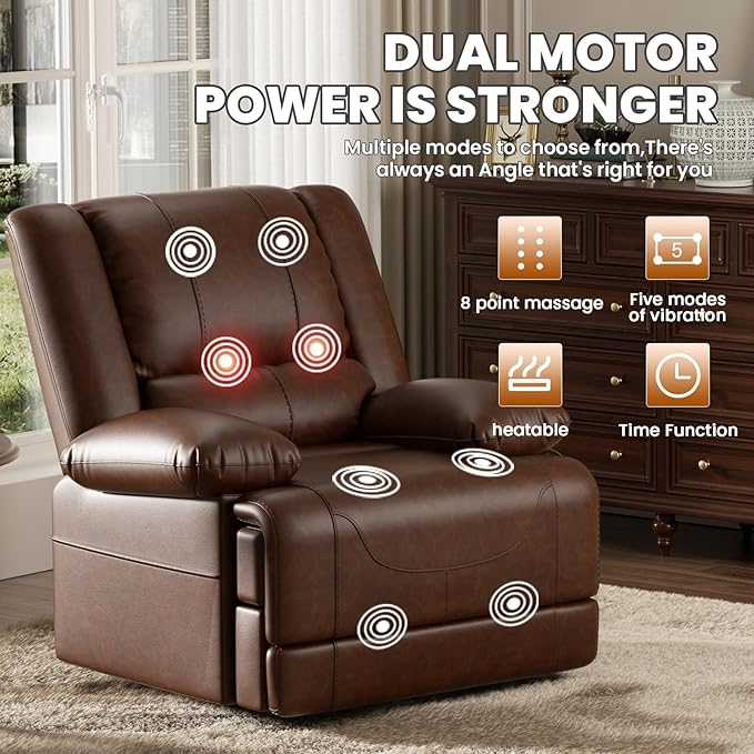 Large Dual Motor Power Lift Recliner Chair with Massage and Heat for Elderly People, Infinite Position,USB Ports and Remote Control,Breathable Leather (Brown)