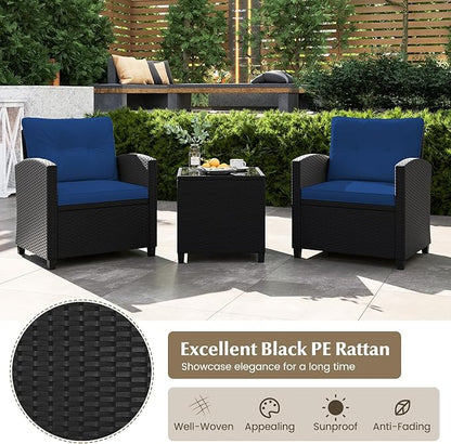 Tangkula 3 Piece Patio Furniture Set, Rattan Conversation Set w/Soft Seat & Back Cushions, Tempered Glass Topped Coffee Table, Cushioned Wicker Seating Set for Backyard, Porch, Poolside
