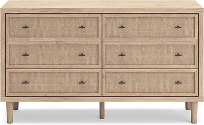 Signature Design by Ashley Cielden Coastal 6-Drawer Dresser, Bronze-Tone Knobs, Safety Stop, Textured Cane Details, 62.01" W x 19.65" D x 35.67" H, Light Brown