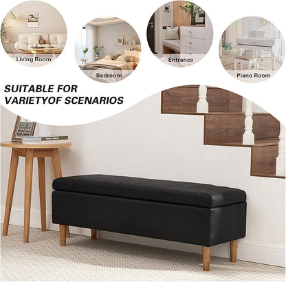 VECELO 44.5" Black Ottoman with Storage, Faux Leather Storage Ottoman Bench with Safety Hinge & Solid Wood Legs, Large Bench for Living Room, Entryway, Holds up to 330 lb