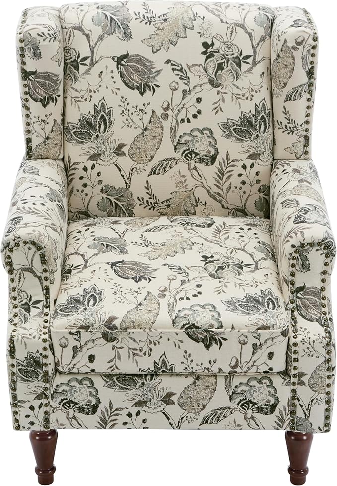 Pia Ricco High Back Floral Accent Chair - Retro Wingback Upholstered Armchair with Nailhead Trim, Solid Wood Legs, Fabric Living Room Bedroom Reading Chair (Plants Beige)