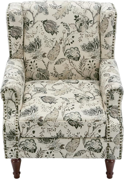 Pia Ricco High Back Floral Accent Chair - Retro Wingback Upholstered Armchair with Nailhead Trim, Solid Wood Legs, Fabric Living Room Bedroom Reading Chair (Plants Beige)
