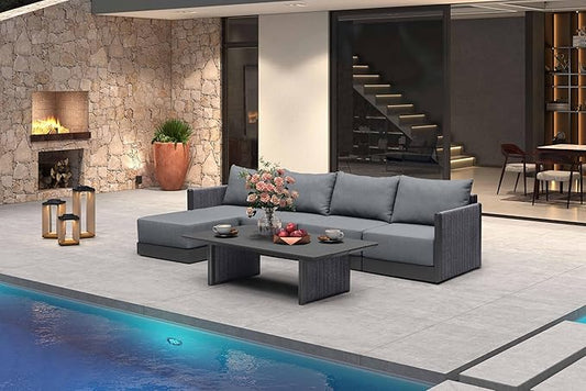 PURPLE LEAF Patio Furniture Set 6 Pieces Outdoor Conversation Sets with Coffee Table PP Rope Patio Sofa with Cushions and Table Manual Weaving Deep Seating Furniture for Porch Lawn Backyard Gray