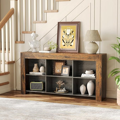 LITTLE TREE Console Table with Storage, 63-Inch Narrow Long Sofa Table, Entryway Table with 6 Cubes, Farmhouse Storage Shelves for Entryway, Living Room