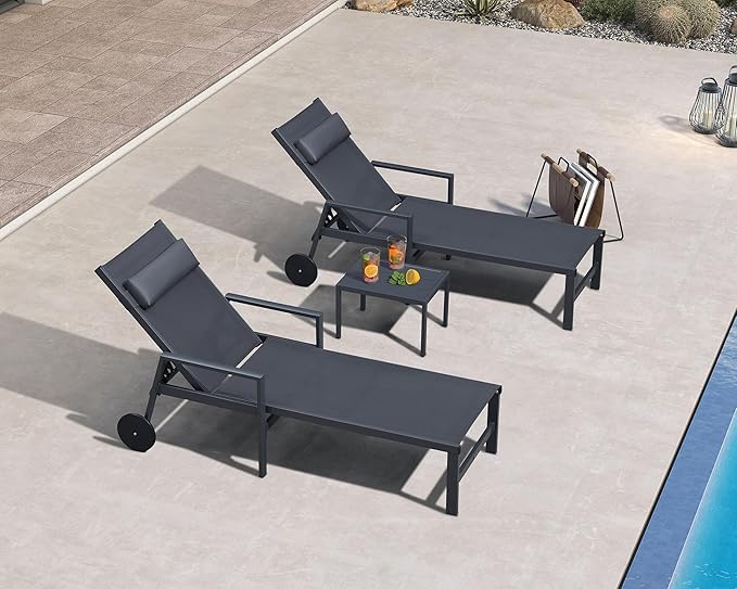 PURPLE LEAF Patio Lounge Chair Set of 3 Outdoor Chaise Lounger Aluminum Frame with Armrest Side Table and Wheels for Pool Outside Sunbathing Tanning Recliner Including Pillows Gray