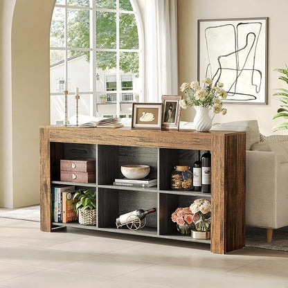 LITTLE TREE Console Table with Storage, 63-Inch Narrow Long Sofa Table, Entryway Table with 6 Cubes, Farmhouse Storage Shelves for Entryway, Living Room
