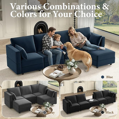 Vesgantti Sectional Couches with Storage Seats, 118" L Shaped Convertible Modular Sectional Sofa, 4 Seat & 1 Ottoman Velvet Storage Chaises Deep Seat Couch for Living Room, Bedroom, Apartment, Blue
