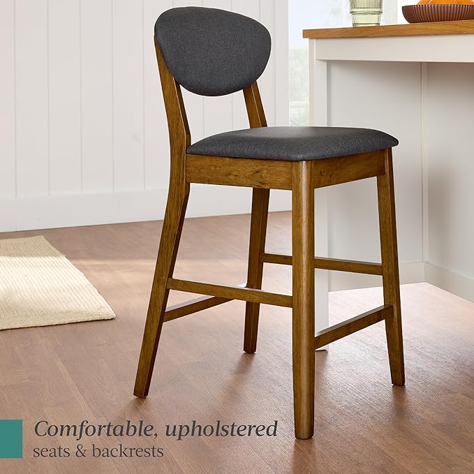 Best Choice Products Bar Stool Set of 2, Mid-Century Modern Upholstered Wood, Armless Counter Height w/Seat Cushion, Backrest - Walnut/Charcoal
