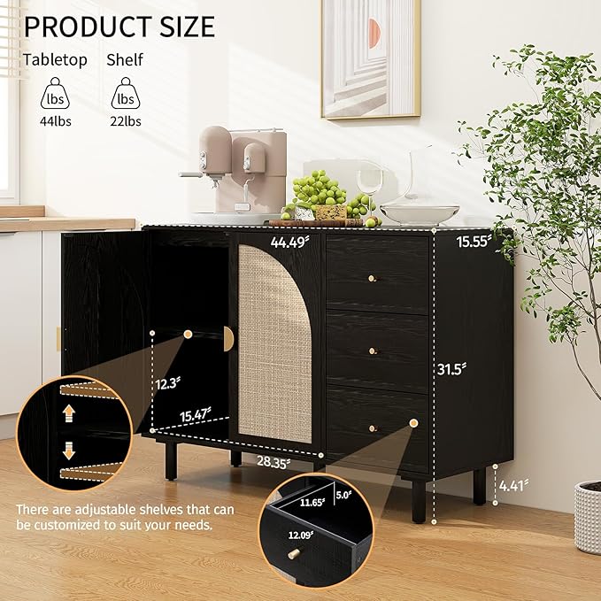 Black Sideboard Cabinet with 2 Rattan Doors and 3 Drawers, Rattan Buffet Cabinet with Adjustable Shelves & Pine Legs, Boho Sideboard Buffet for Living Room, Kitchen, Entryway, Black