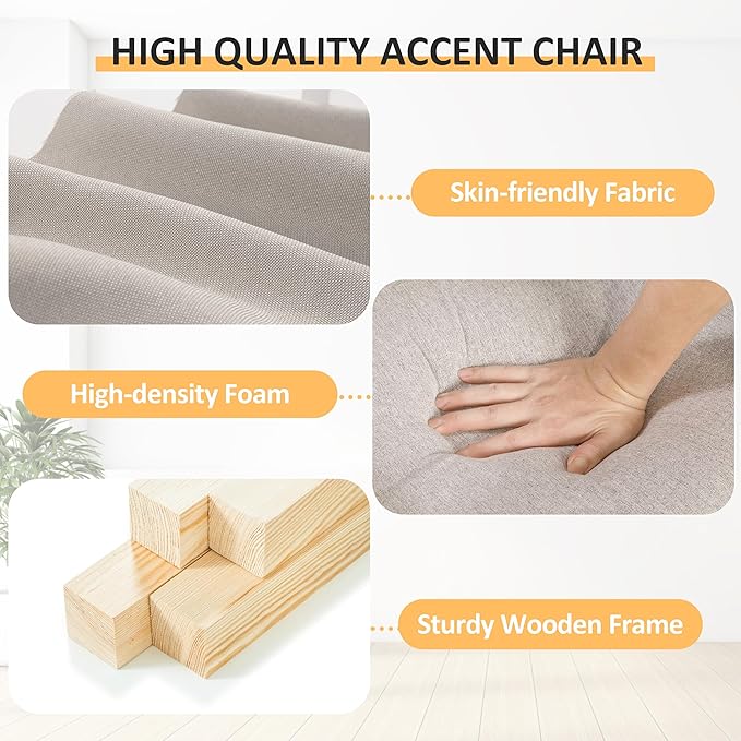 PrimeZone Comfy Accent Chair Set of 2, Mid-Century Modern Fabric Living Room Chair Reading Chair with Soft Cushion, Nailhead Trim & Rolled Armrest, Arm Chair Sofa Chair for Bedroom Waiting Room,Beige