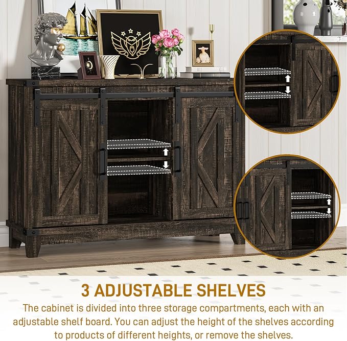 Vabches Bar Cabinet with Storage, Farmhouse Storage Cabinet with Sliding Barn Doors and Adjustable Shelves Small Rustic Liquor Cabinet for Living Room, Kitchen, Entryway