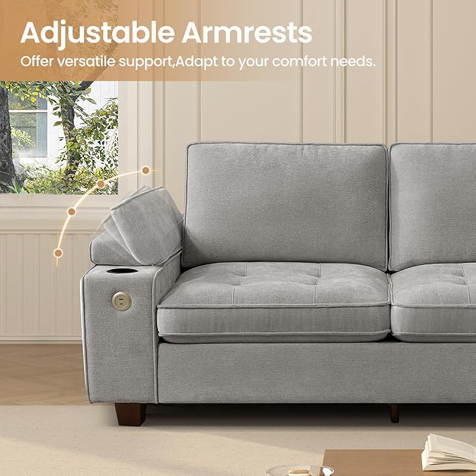 84" Loveseat Couch for Living Room,Modern Chenille Upholstered Sofa with Adjustable Storage Armrest,Cup Holders,USB & Type-C Ports,Solid Wood 2-Seater Loveseat Sofa for Apartment(Gray)