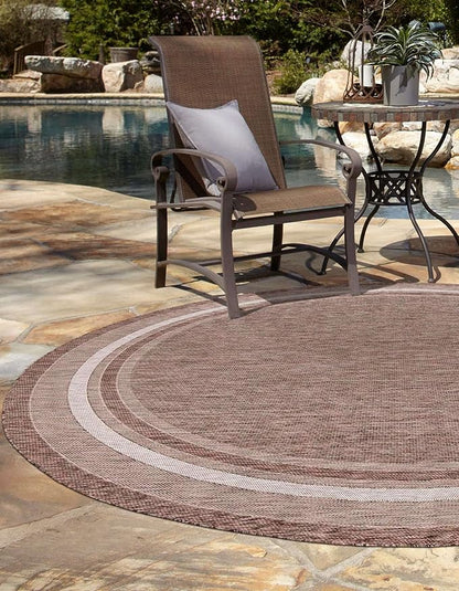 Unique Loom Outdoor Border Collection Area Rug - Soft Border (10' Round Brown/Ivory)