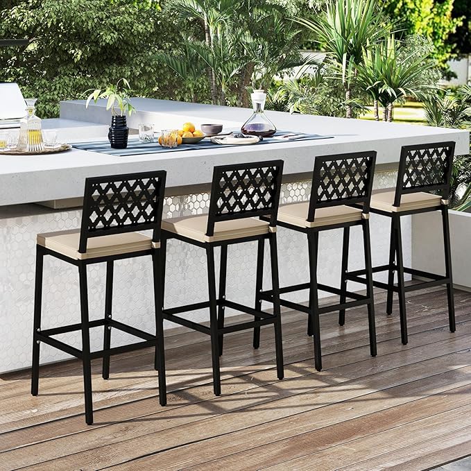 COSTWAY Outdoor Bar Chairs Set of 2, Armless Heavy-Duty Metal Frame Counter Height Chairs with Removable Cushions, Footrest, Ergonomic Backrest, Upholstered Barstools for Patio, Poolside, Backyard