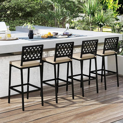 COSTWAY Outdoor Bar Chairs Set of 4, Armless Heavy-Duty Metal Frame Counter Height Chairs with Removable Cushions, Footrest, Ergonomic Backrest, Upholstered Barstools for Patio, Poolside, Backyard
