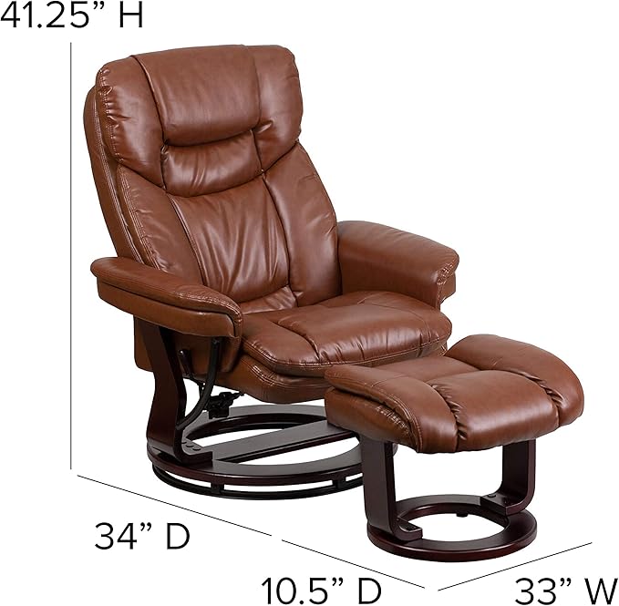 Flash Furniture Allie LeatherSoft Upholstered Recliner with Footrest, Arms, and Headrest, Padded Swivel Recliner Chair and Ottoman Set, Brown Vintage