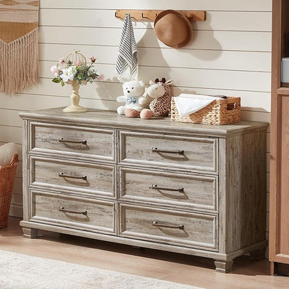 Farmhouse Bedroom Dresser and Nightstand Set of 4, 6 Drawer Tall & Low Dresser & 2 Drawer Nightstand Set, Rustic Wood Bedroom Furniture Set for Livingroom, Hallway, Grey