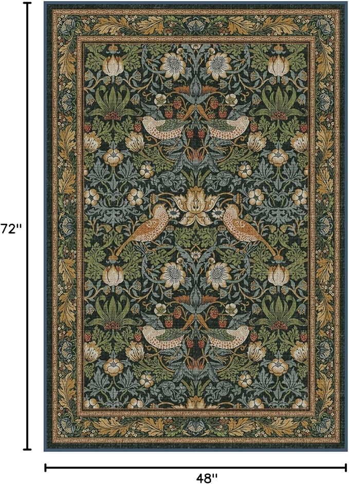 RUGGABLE x Morris & Co Washable Area Rug – Strawberry Thief Indigo 4x6, Stain-Resistant, Non-Slip – Medium Machine Washable Rugs for Living Room, Bedroom, Hallway, Entryway & Office–with Standard Pad