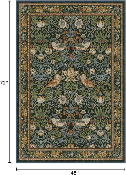 RUGGABLE x Morris & Co Washable Area Rug – Strawberry Thief Indigo 4x6, Stain-Resistant, Non-Slip – Medium Machine Washable Rugs for Living Room, Bedroom, Hallway, Entryway & Office–with Standard Pad