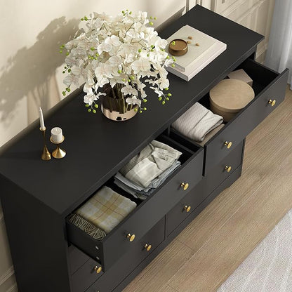 Black Dresser for Bedroom, 8 Drawer Dresser with Large Drawers, 55 Inch Wide Wood Chest for Living Room, Hallway