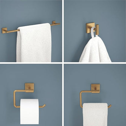 Franklin Brass Nash 4-Piece Bathroom Set Satin Gold 18" Towel Bar Rack w/ 6" Extender, Toilet Paper Holder, Hand Towel Holder, Hook | Bathroom Accessory Set Towel Holder Hardware NASH64-SG