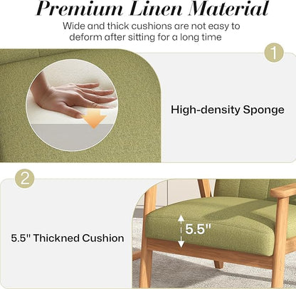 KCC Mid-Century Modern Linen Fabric Accent Chair, Upholstered Leisure Chair Comfy Reading Side Chair with Armrest and Solid Wood Frame for Living Room Bedroom Balcony(Green)