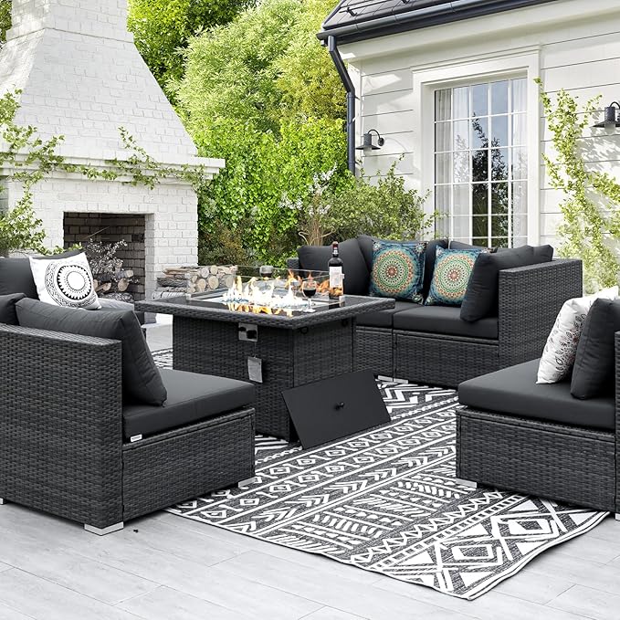 NICESOUL 9 Piece Modern Oversized Outdoor Patio Furniture Set with Firepit Table Propane/Natural Gas, 29.3'' High Back Deep Wide Conversation, Luxury 8 Seats Modular Sectional for Backyard, Gray