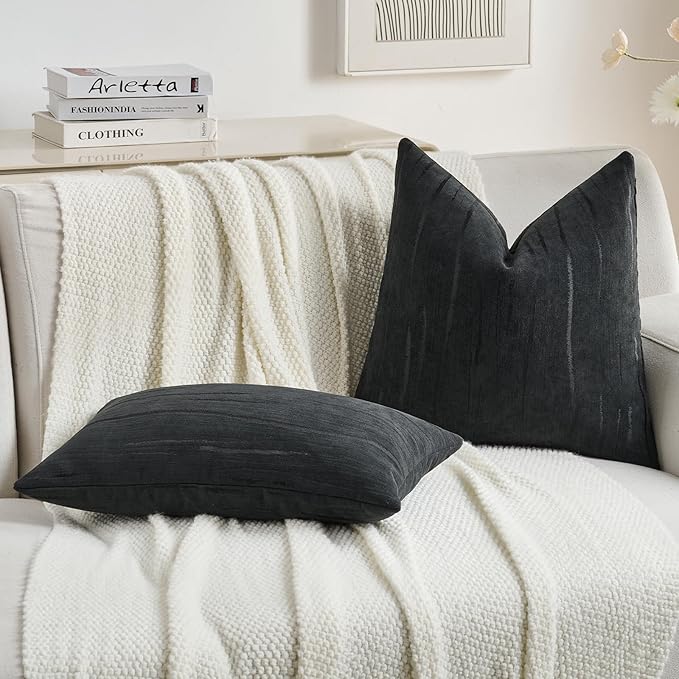 FUTEI Black Chenille Decorative Throw Pillow Covers 26x26 Inch Set of 2,Soft Embossed Striped Textured Euro Pillow Shams,Modern Home Decor for Couch Bed Living Room