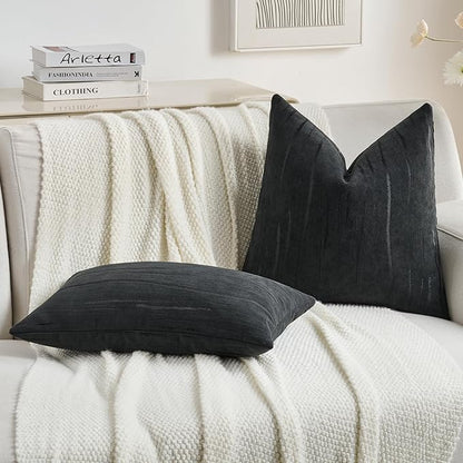 FUTEI Black Chenille Decorative Throw Pillow Covers 22x22 Inch Set of 2,Soft Embossed Striped Textured Cushion Case,Modern Home Decor for Couch Bed Living Room