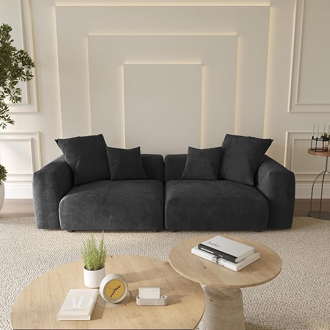WJShome Cloud Couch Modular Sectional Sofa,102inch Corduroy Couch 2 Seater LoveSofa,Black Convertible Sectional Sofa for Living Room, Cushion Covers Removable& Washable