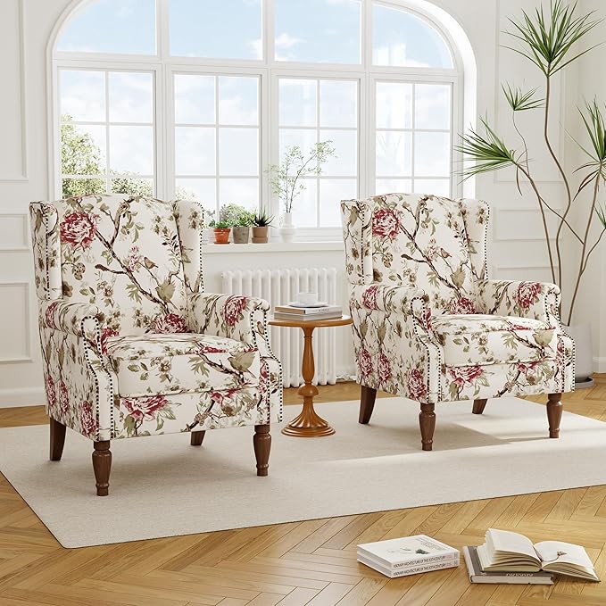 Accent Chair, Upholstered High Back Floral Armchair with Nailhead Trim & Wood Legs, Comfy Wingback Reading Single Sofa Chair for Small Spaces, Living Room, Bedroom (Pink Floral, Set of 2)