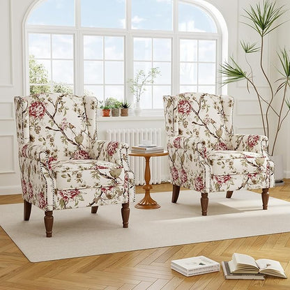 Accent Chair, Upholstered High Back Floral Armchair with Nailhead Trim & Wood Legs, Comfy Wingback Reading Single Sofa Chair for Small Spaces, Living Room, Bedroom (Pink Floral, Set of 2)