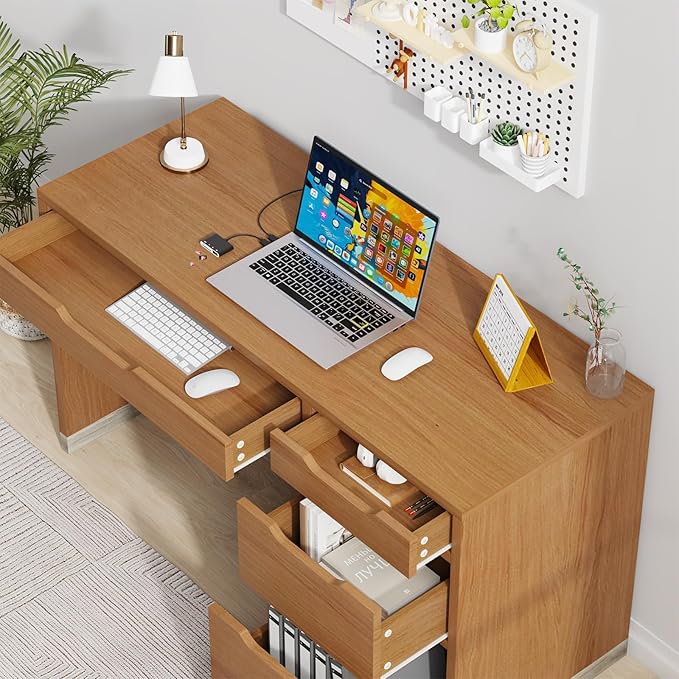 52 Inch Desk with 4 Drawers, Small Computer Desk for Small Space, Home Office Desk with Storage File Cabinet for Bedroom, Brown