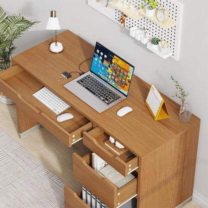 52 Inch Desk with 4 Drawers, Small Computer Desk for Small Space, Home Office Desk with Storage File Cabinet for Bedroom, Brown