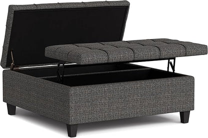 SIMPLIHOME Harrison 40 inch Wide Transitional Square Large Coffee Table Storage Ottoman in Ebony Polyester Tweed, Assembled, for The Living Room and Bedroom