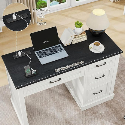Vabches Farmhouse 47" Executive Desk, Computer Desk with Drawers and File Drawer, Workstation Computer Desk with Charging Station for Home Office, Study,Black.