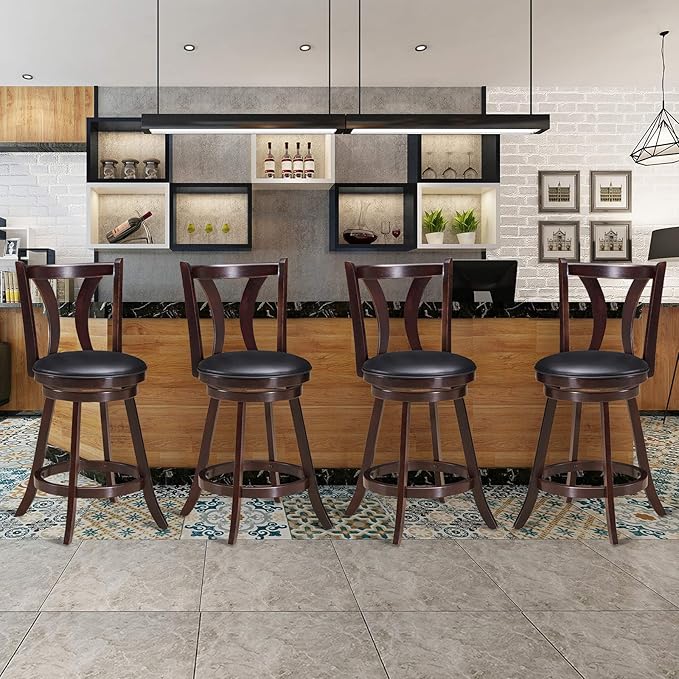 COSTWAY Bar Stools Set of 4, 360-Degree Swivel Stools with Leather Padded Seat, Single Slat Back & Solid Rubber Wood Legs, Counter Height Stools for Pub, Restaurant, Kitchen, Brown (4)